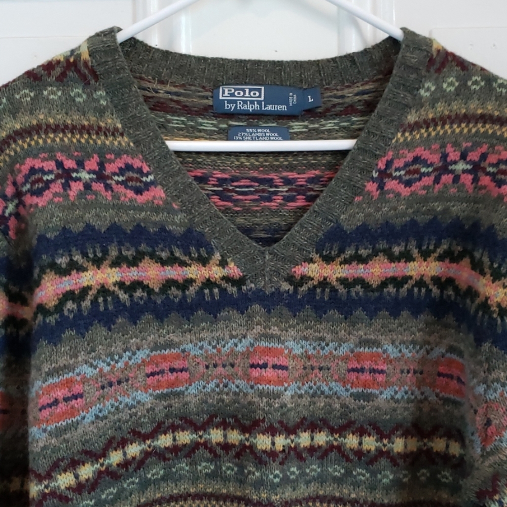 Polo Fair Isle V Neck Sweater Wool L Ralph Lauren